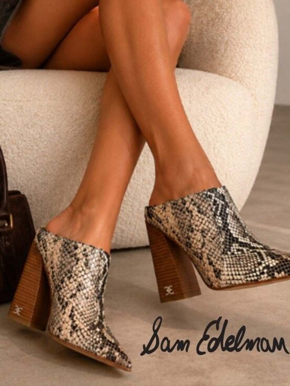 New Sam Edelman Women’s Snake Print Leather Reverie 2  Block Heeled Mules 6 M